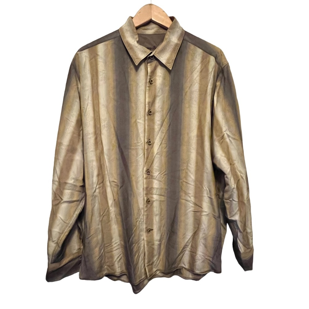 Tommy Bahama Button Up LS Shirt Brown Tan striped Mens size XL 100% silk